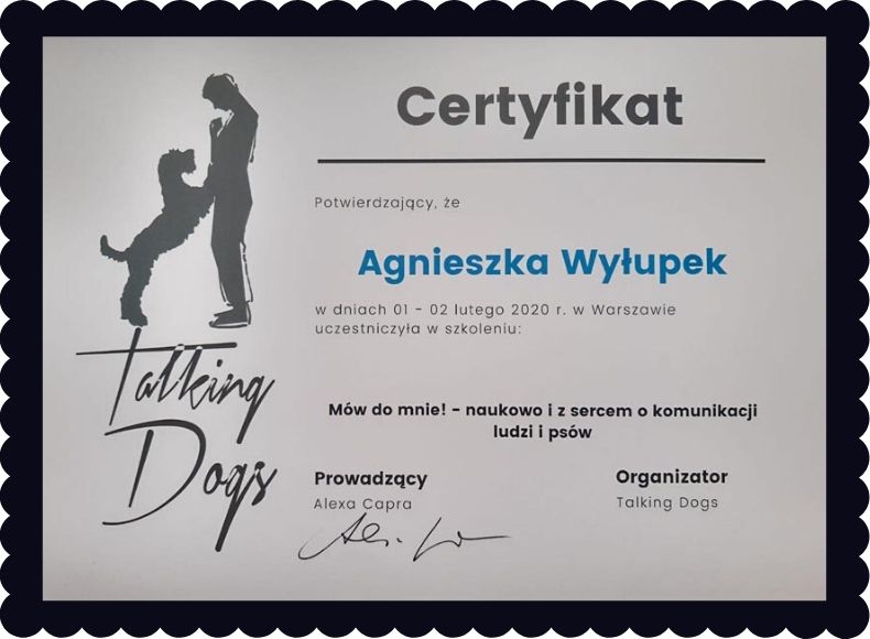 certyfikat szkolenia Agnieszki Wyłupek o komunikacji z psem